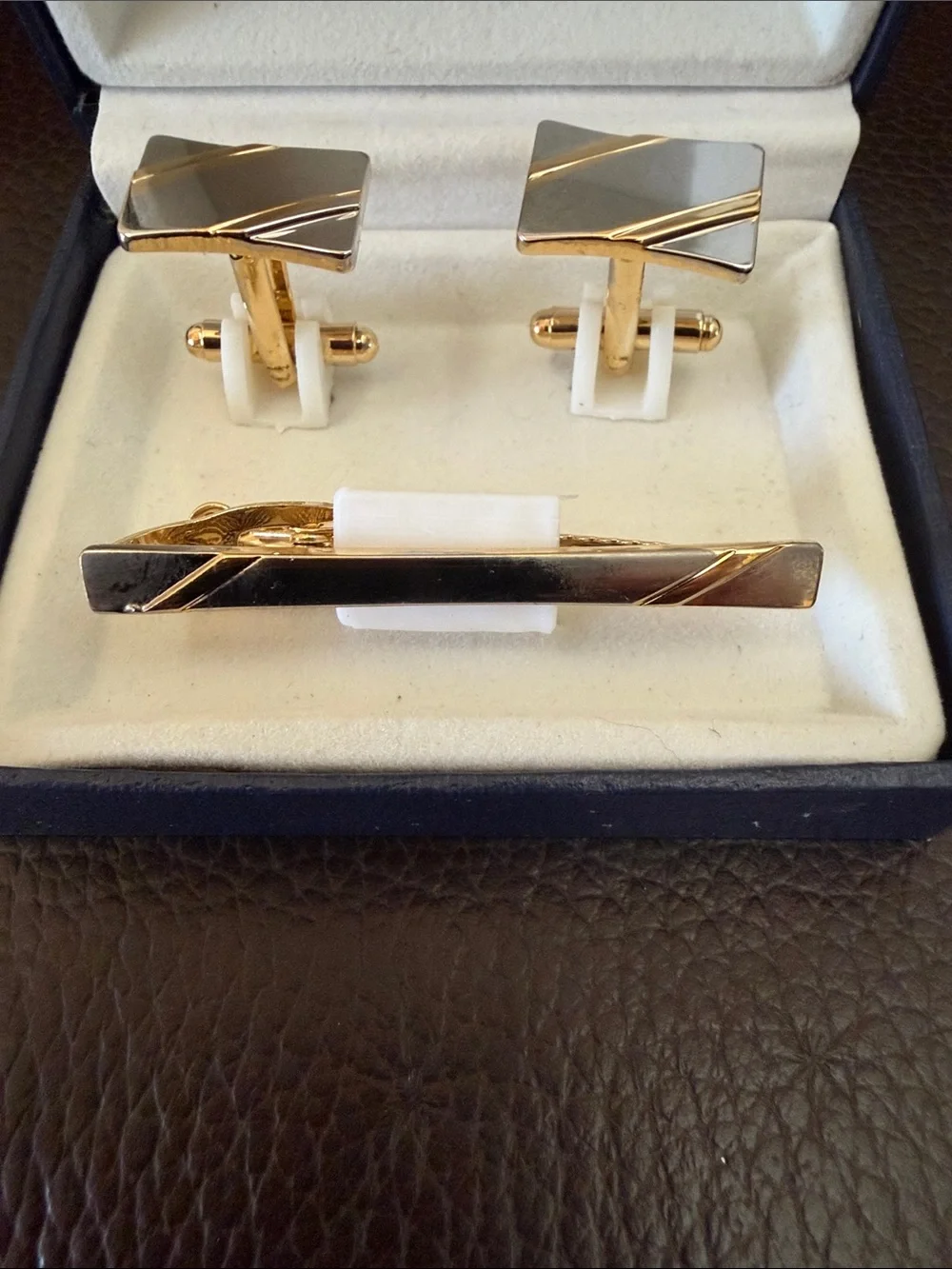 Vintage Rectangular Cuff Links in Silver & Gold-Tone w/Matching Tie Bar Clasp